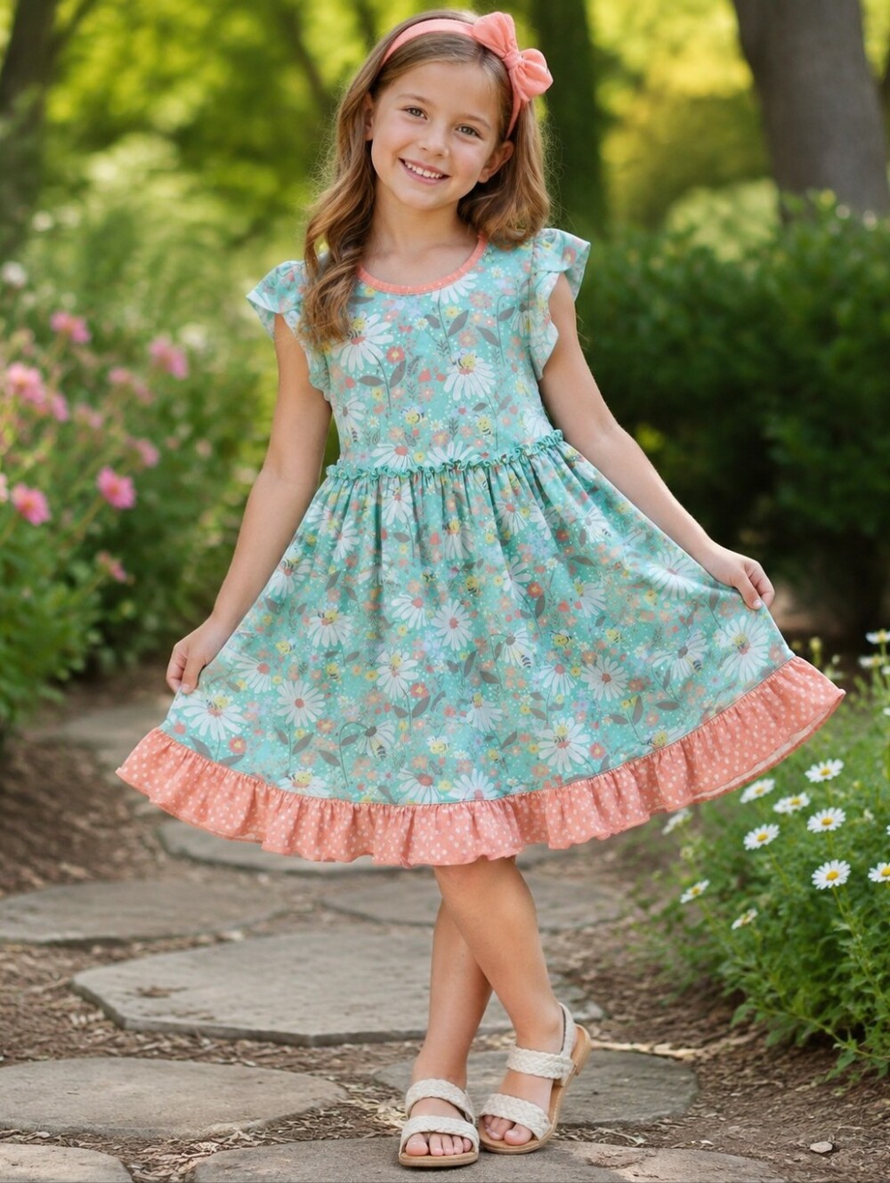Matilda Jane Blissful Bee Mixed Print Mint Floral Dress with Peach Ruffle